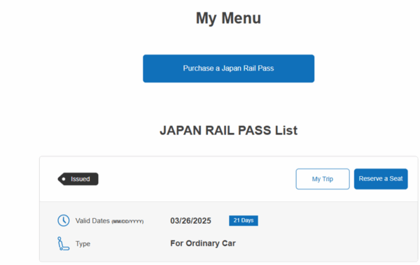 Japan Rail Pass Menu